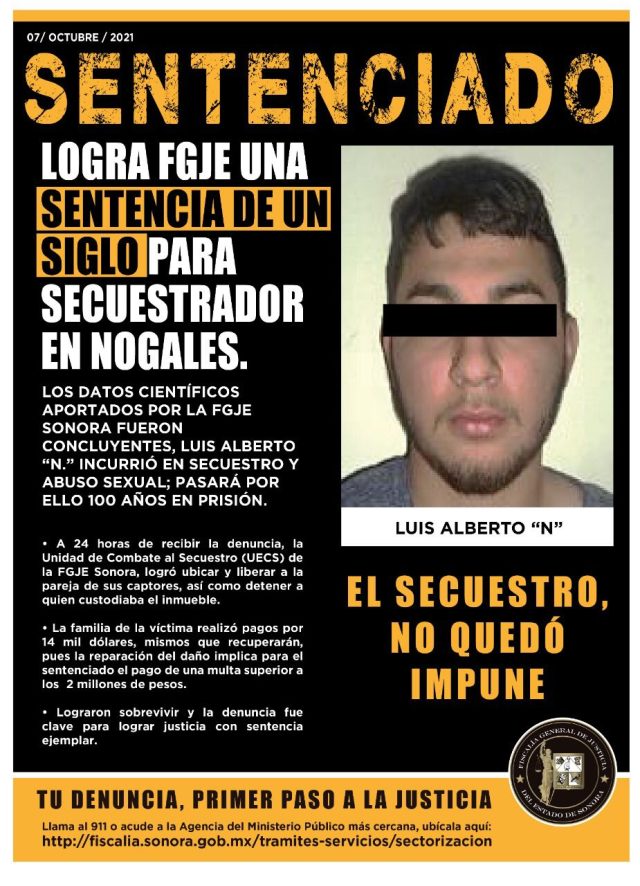 Logra FGJE un siglo de sentencia para secuestrador en Nogales
