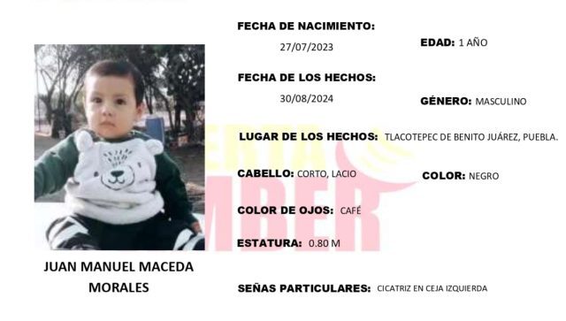 Alerta AMBER: Juan Manuel Maceda Morales de 1 año desapareció en Puebla